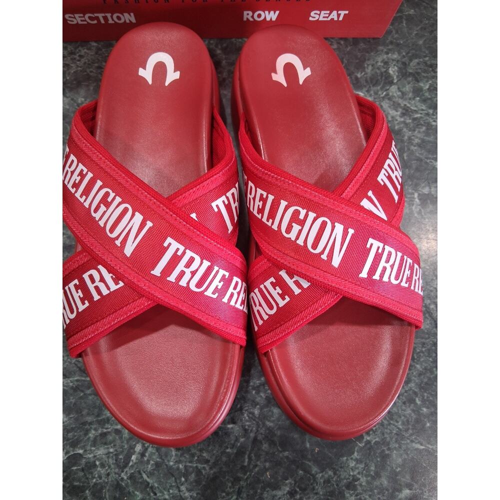 WOMEN'S TRUE RELIGION ALIA CROSS OVER RED SANDALS PLATFORM SLIDES SIZE 10 NEW - Picture 3 of 9